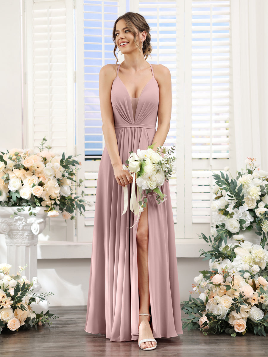 A-Line Spaghetti Straps Sleeveless Backless Split Side Floor-Length Chiffon Bridesmaid Dresses Dusty Pink