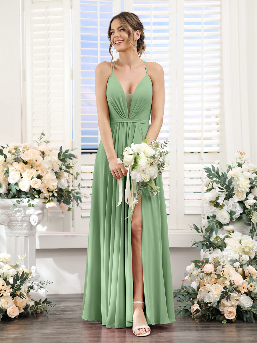 A-Line Spaghetti Straps Sleeveless Backless Split Side Floor-Length Chiffon Bridesmaid Dresses Dusty Sage