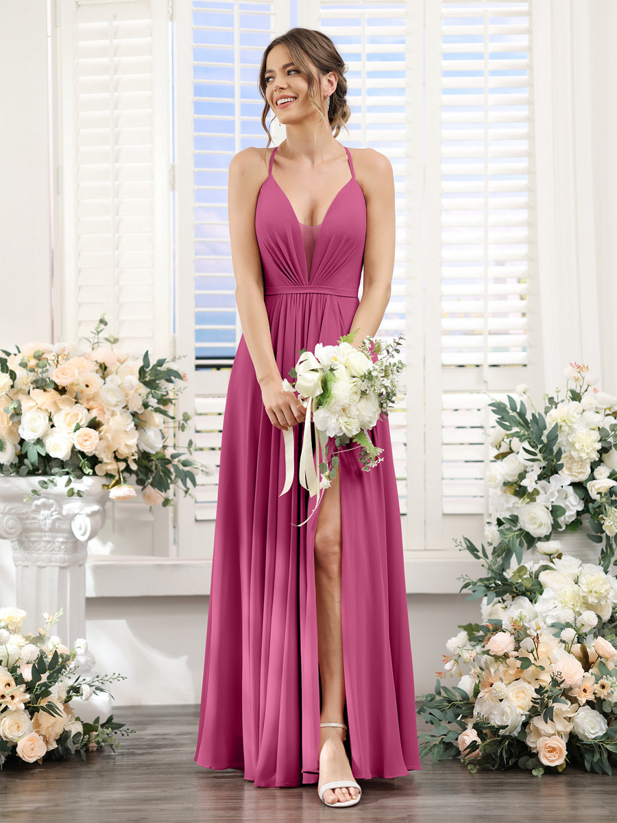 A-Line Spaghetti Straps Sleeveless Backless Split Side Floor-Length Chiffon Bridesmaid Dresses Fuchsia
