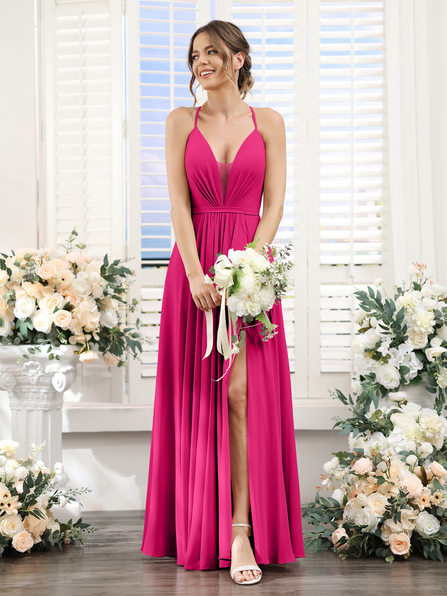 A-Line Spaghetti Straps Sleeveless Backless Split Side Floor-Length Chiffon Bridesmaid Dresses Fuchsia Pink