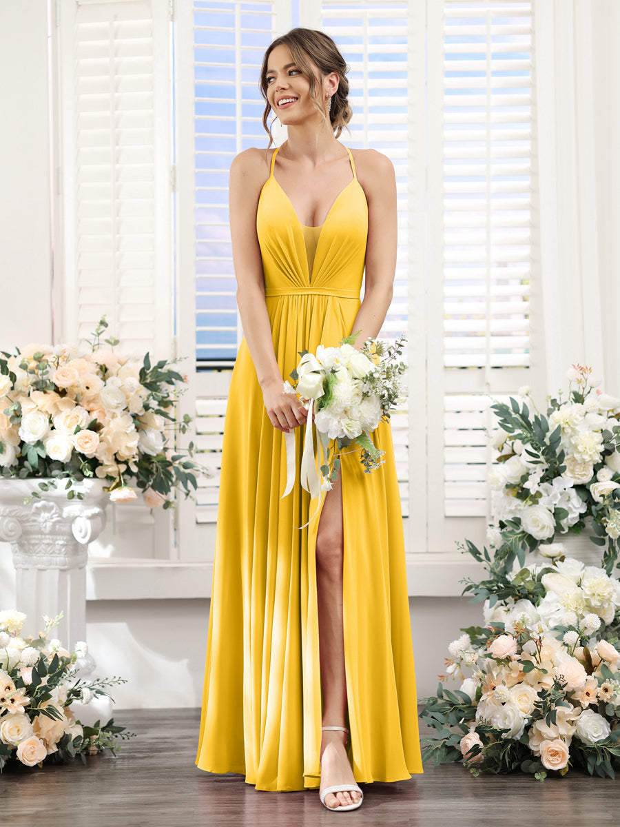 A-Line Spaghetti Straps Sleeveless Backless Split Side Floor-Length Chiffon Bridesmaid Dresses Gold