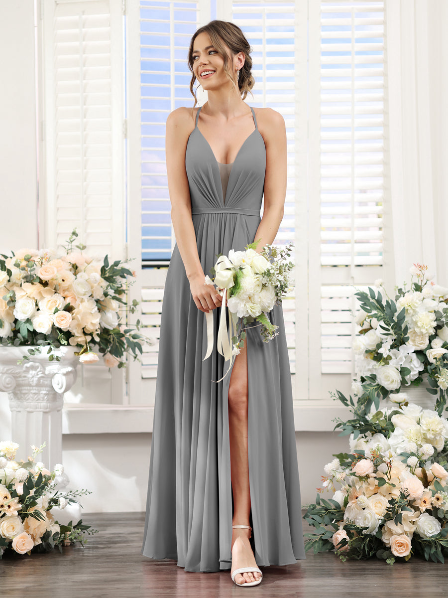 A-Line Spaghetti Straps Sleeveless Backless Split Side Floor-Length Chiffon Bridesmaid Dresses Gray