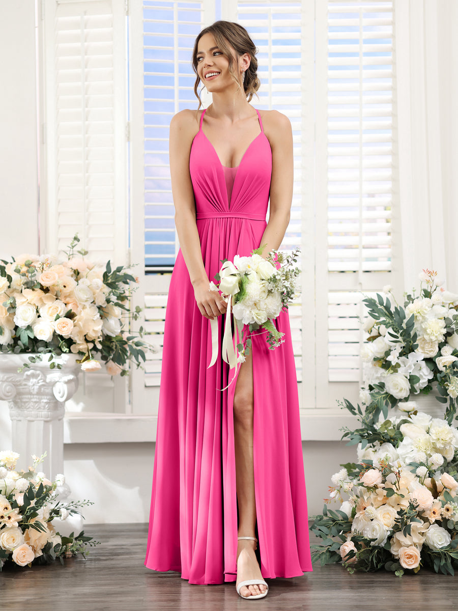 A-Line Spaghetti Straps Sleeveless Backless Split Side Floor-Length Chiffon Bridesmaid Dresses Hot Pink