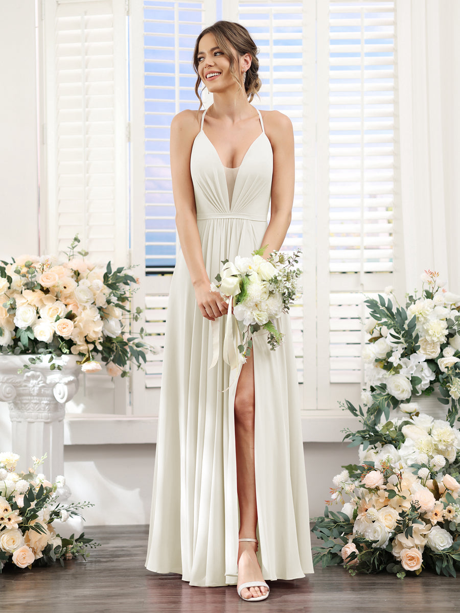 A-Line Spaghetti Straps Sleeveless Backless Split Side Floor-Length Chiffon Bridesmaid Dresses Ivory