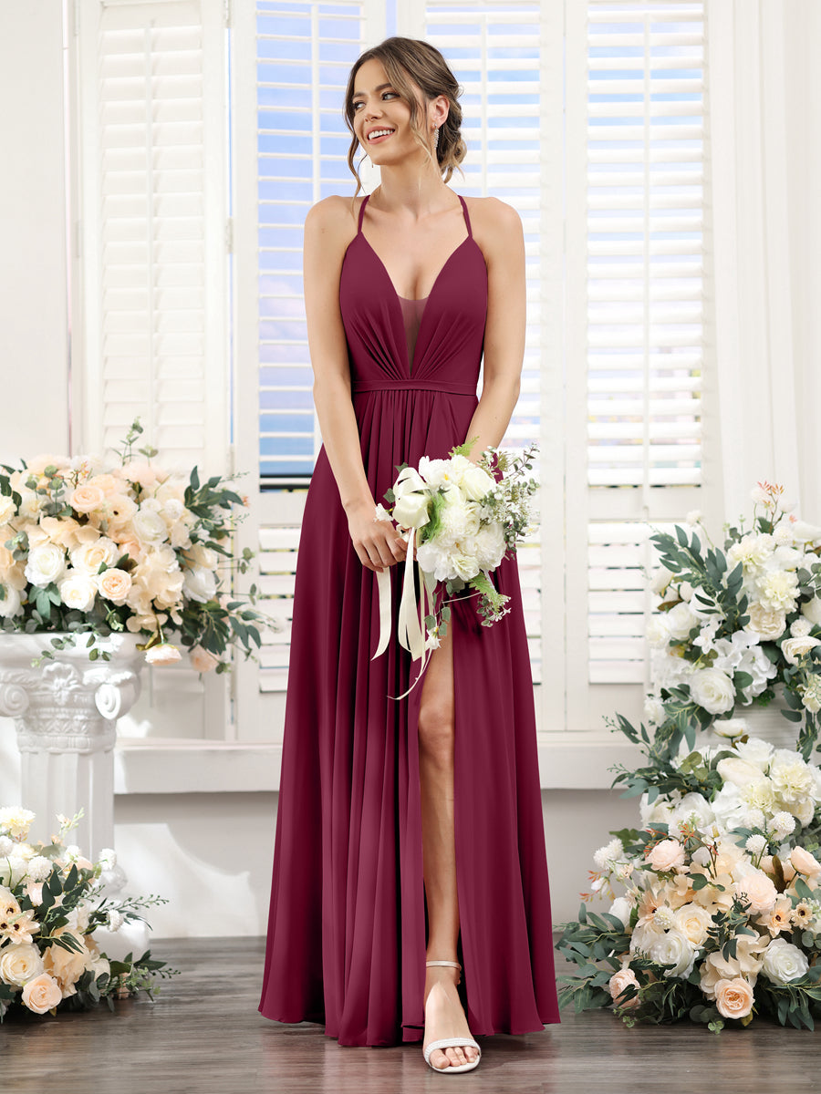 A-Line Spaghetti Straps Sleeveless Backless Split Side Floor-Length Chiffon Bridesmaid Dresses Light Burgundy