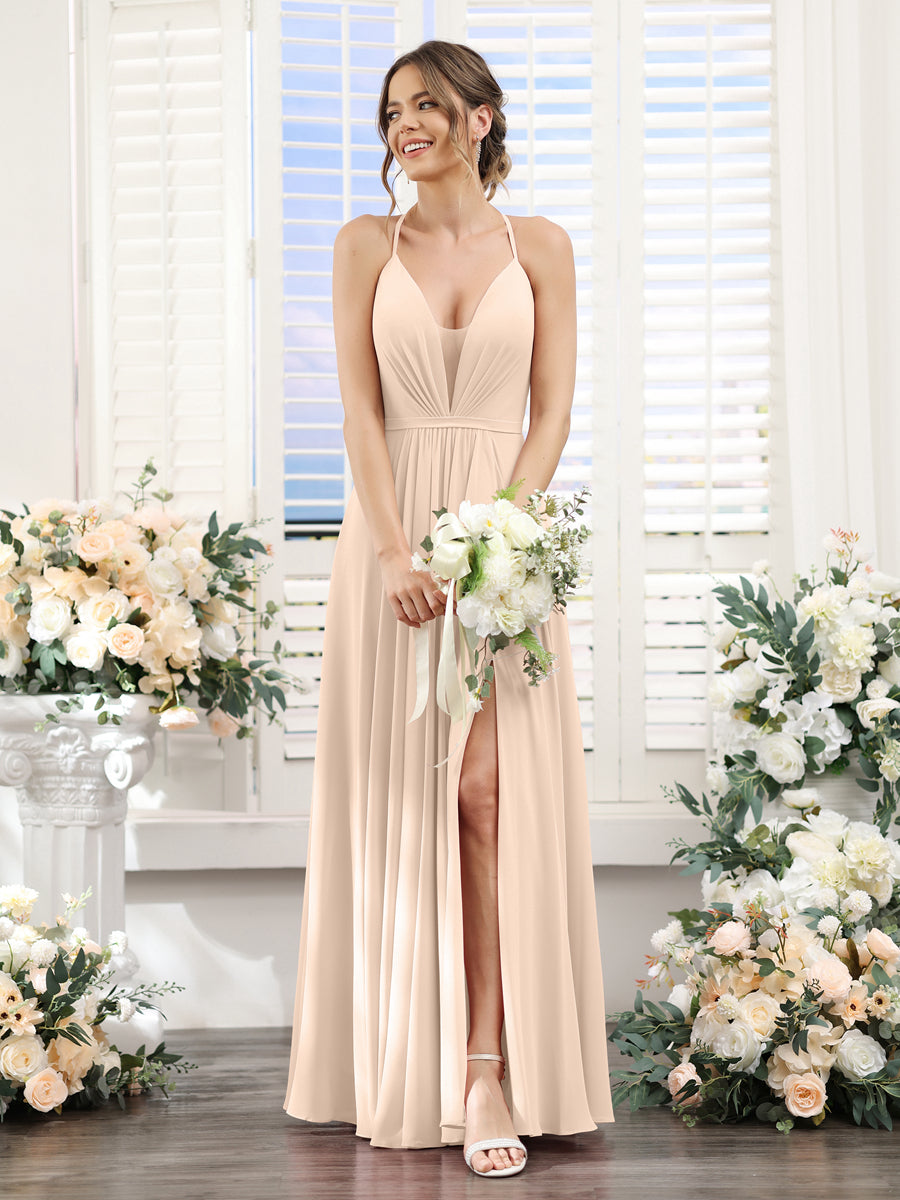 A-Line Spaghetti Straps Sleeveless Backless Split Side Floor-Length Chiffon Bridesmaid Dresses Light Champagne