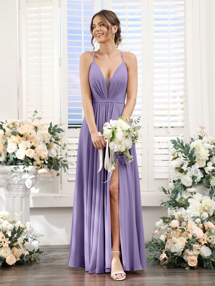 A-Line Spaghetti Straps Sleeveless Backless Split Side Floor-Length Chiffon Bridesmaid Dresses Light Purple