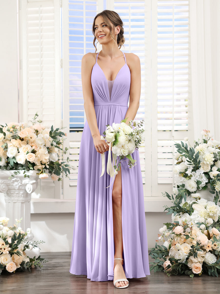 A-Line Spaghetti Straps Sleeveless Backless Split Side Floor-Length Chiffon Bridesmaid Dresses Lilac