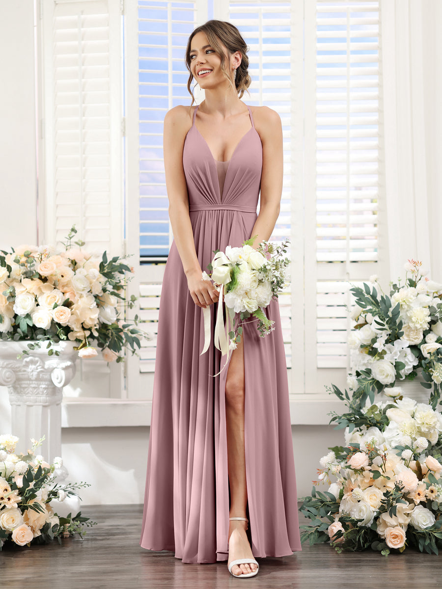 A-Line Spaghetti Straps Sleeveless Backless Split Side Floor-Length Chiffon Bridesmaid Dresses Mauve