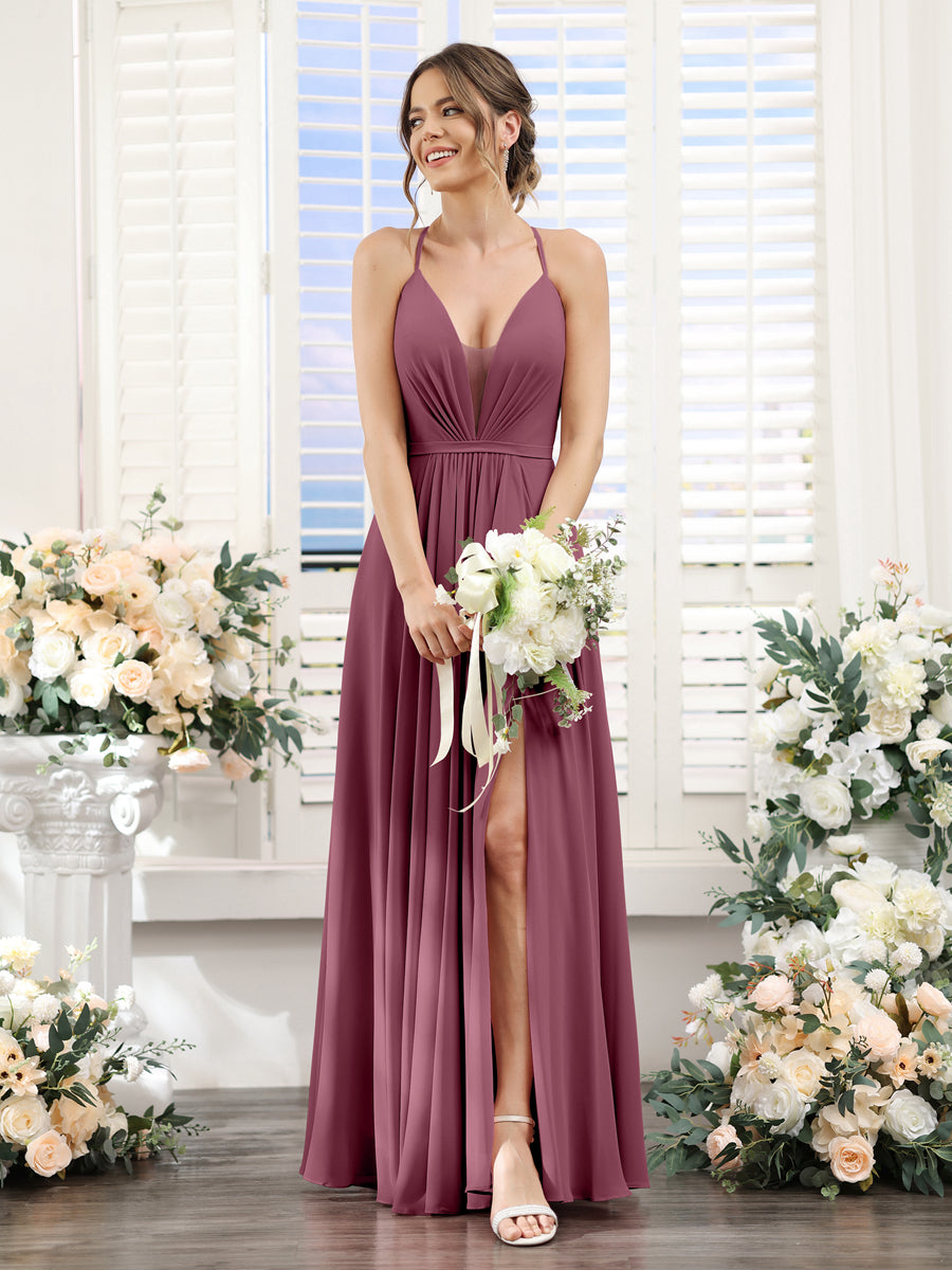 A-Line Spaghetti Straps Sleeveless Backless Split Side Floor-Length Chiffon Bridesmaid Dresses Mulberry