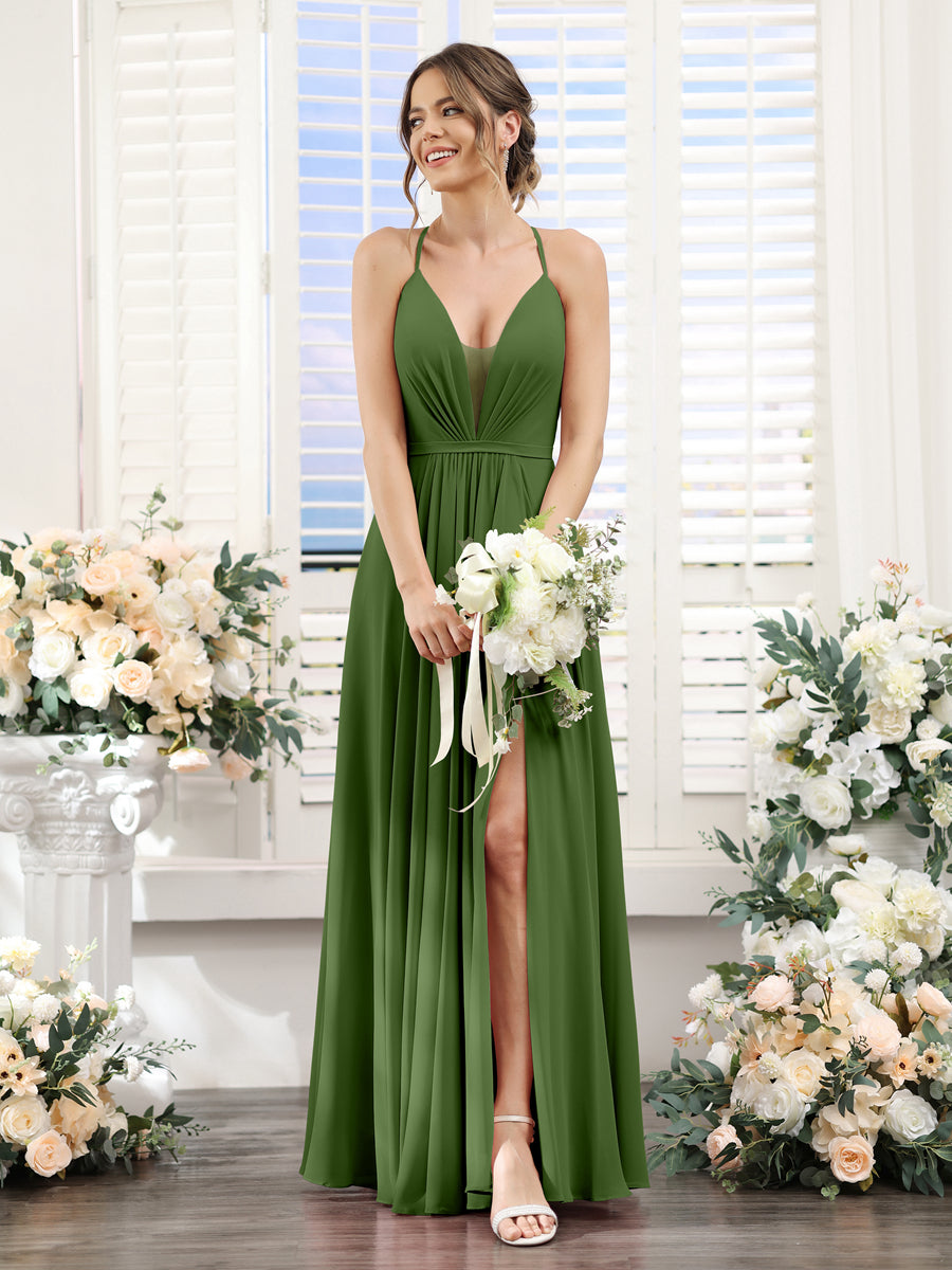 A-Line Spaghetti Straps Sleeveless Backless Split Side Floor-Length Chiffon Bridesmaid Dresses Olive Green