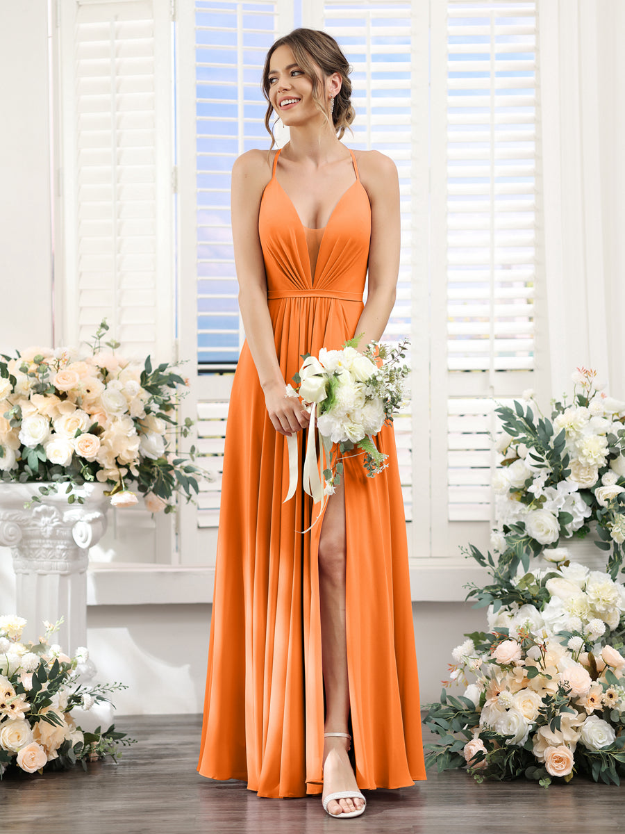 A-Line Spaghetti Straps Sleeveless Backless Split Side Floor-Length Chiffon Bridesmaid Dresses Orange