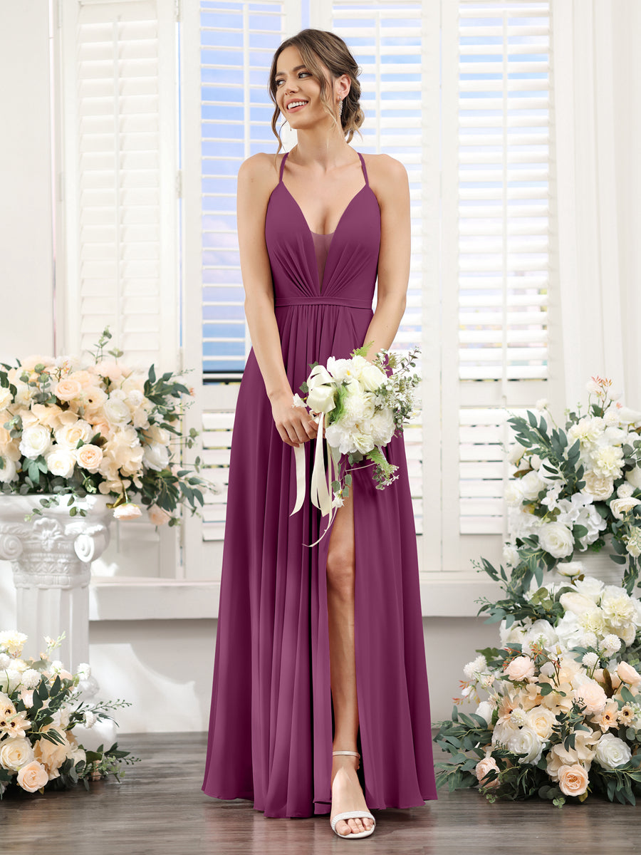 A-Line Spaghetti Straps Sleeveless Backless Split Side Floor-Length Chiffon Bridesmaid Dresses Orchid