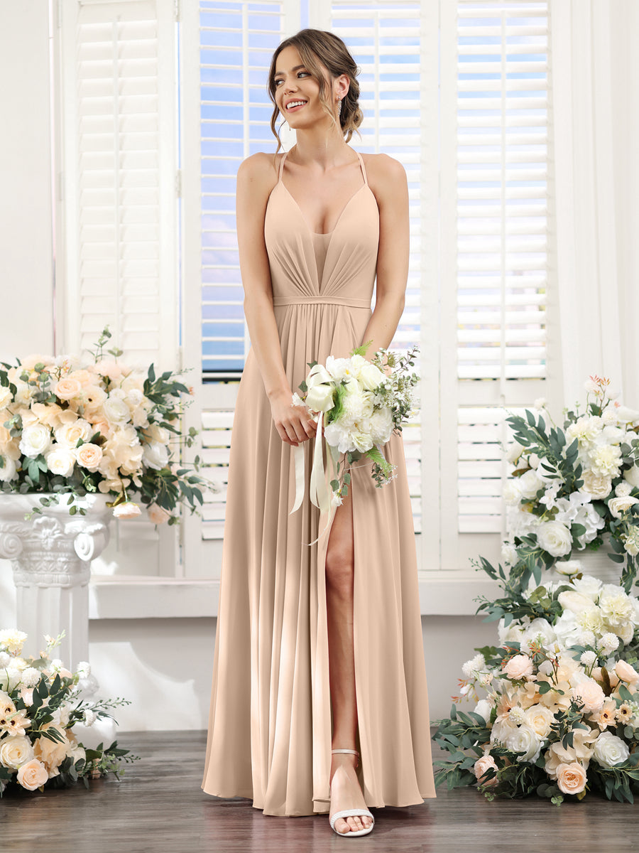 A-Line Spaghetti Straps Sleeveless Backless Split Side Floor-Length Chiffon Bridesmaid Dresses Peach Pink