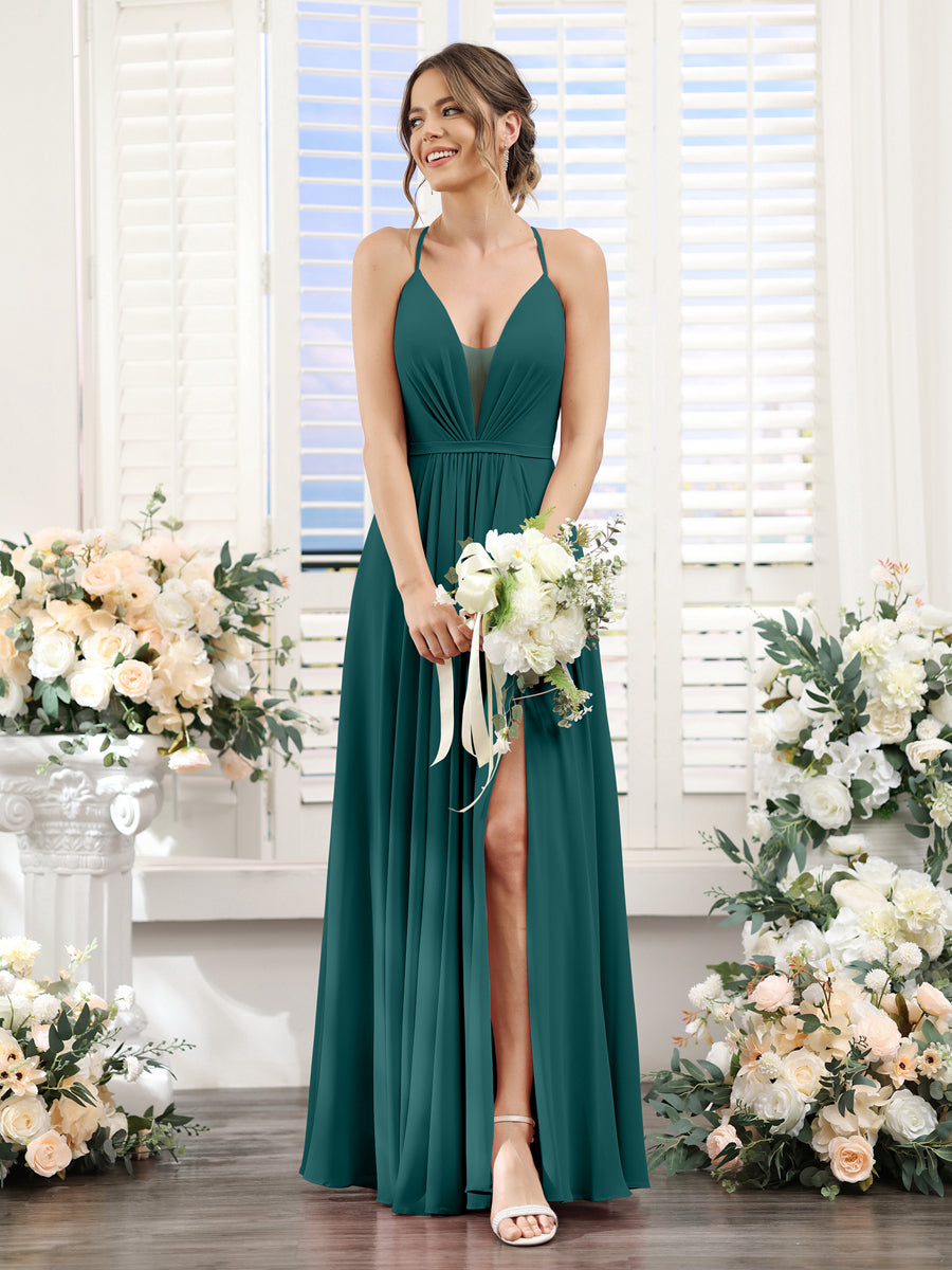 A-Line Spaghetti Straps Sleeveless Backless Split Side Floor-Length Chiffon Bridesmaid Dresses Peacock