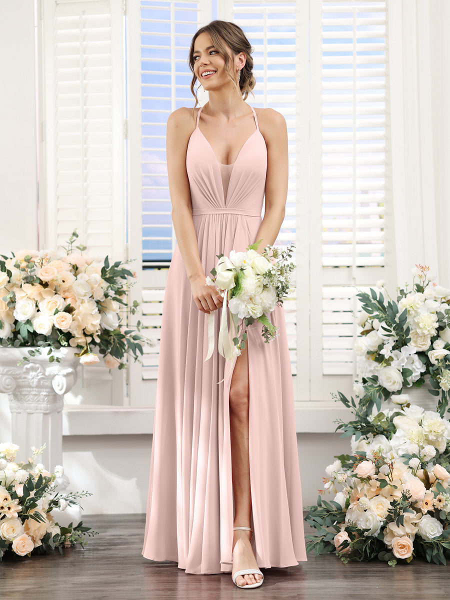 A-Line Spaghetti Straps Sleeveless Backless Split Side Floor-Length Chiffon Bridesmaid Dresses Pearl Pink