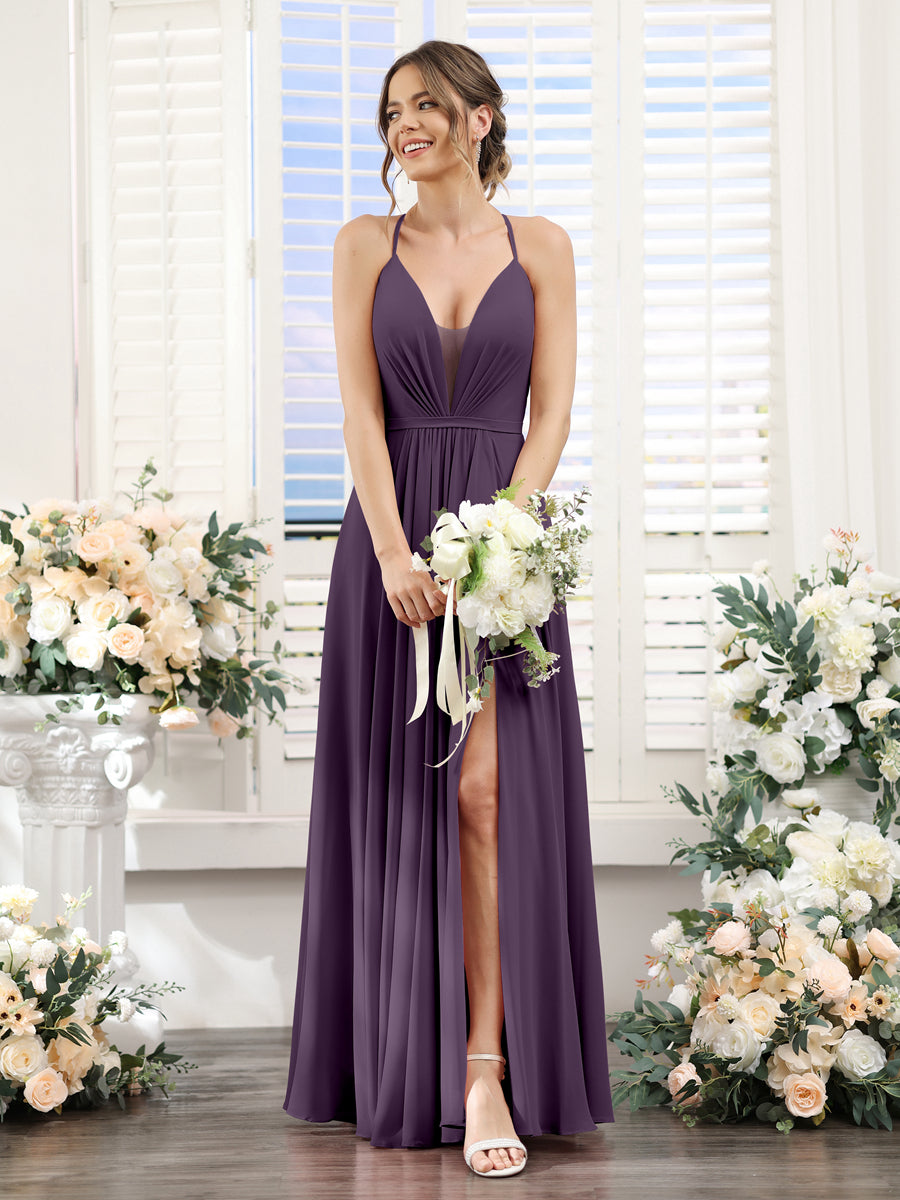 A-Line Spaghetti Straps Sleeveless Backless Split Side Floor-Length Chiffon Bridesmaid Dresses Plum