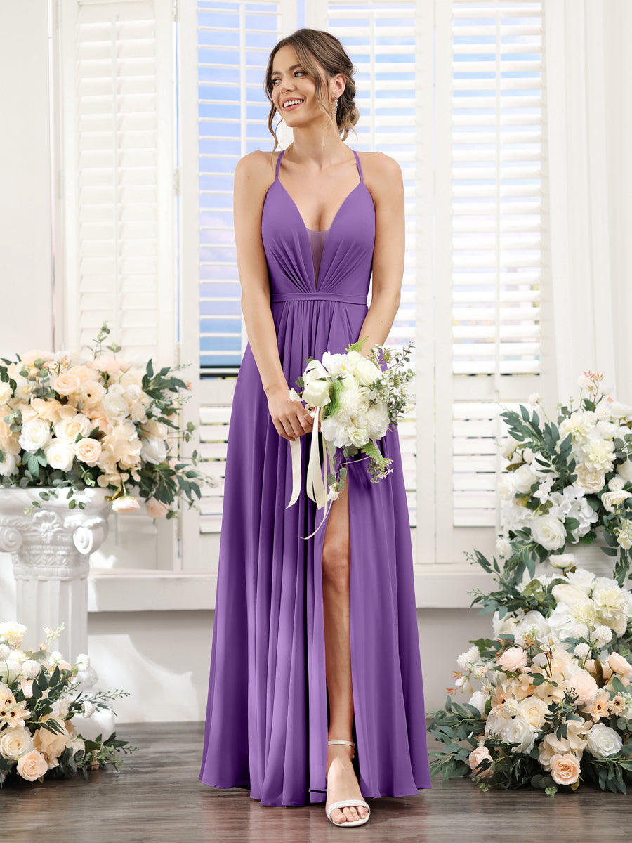 A-Line Spaghetti Straps Sleeveless Backless Split Side Floor-Length Chiffon Bridesmaid Dresses Purple
