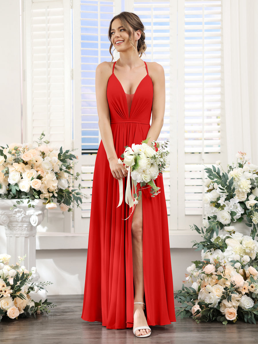 A-Line Spaghetti Straps Sleeveless Backless Split Side Floor-Length Chiffon Bridesmaid Dresses Red