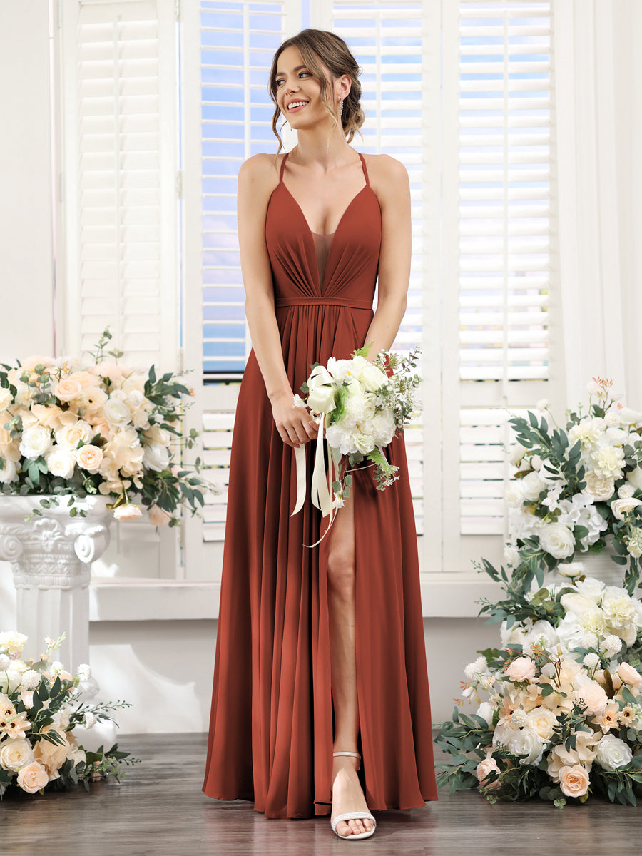 A-Line Spaghetti Straps Sleeveless Backless Split Side Floor-Length Chiffon Bridesmaid Dresses Rust