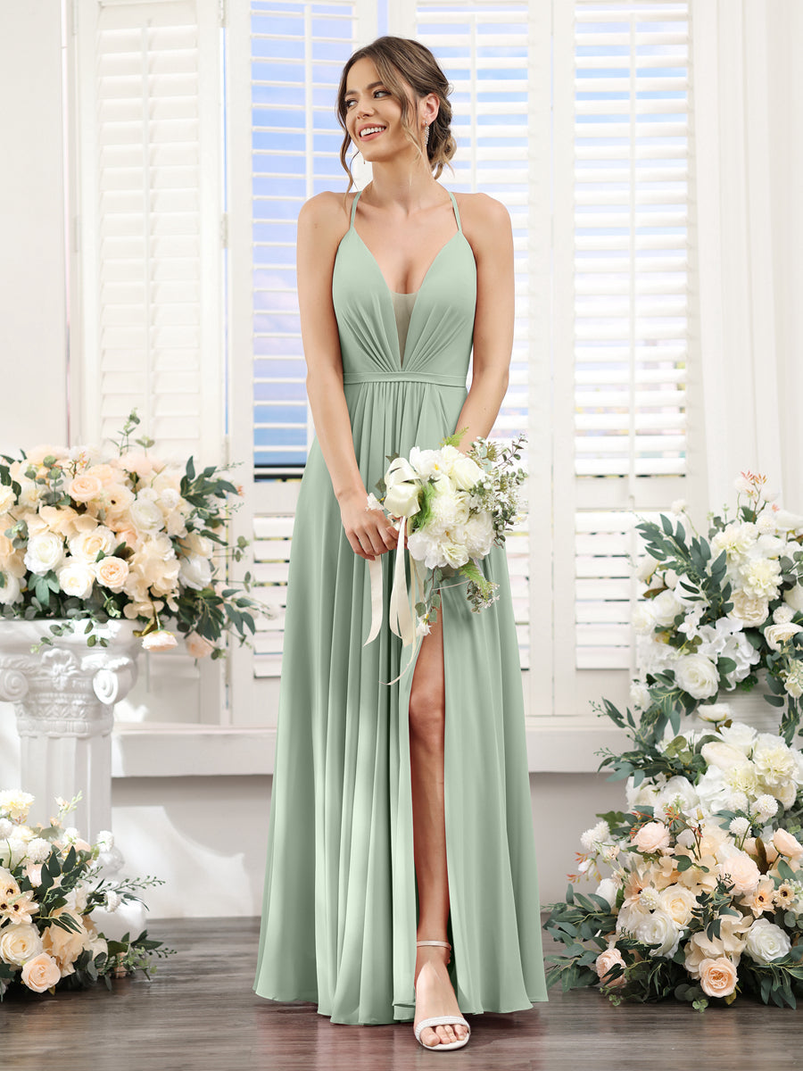 A-Line Spaghetti Straps Sleeveless Backless Split Side Floor-Length Chiffon Bridesmaid Dresses Sage