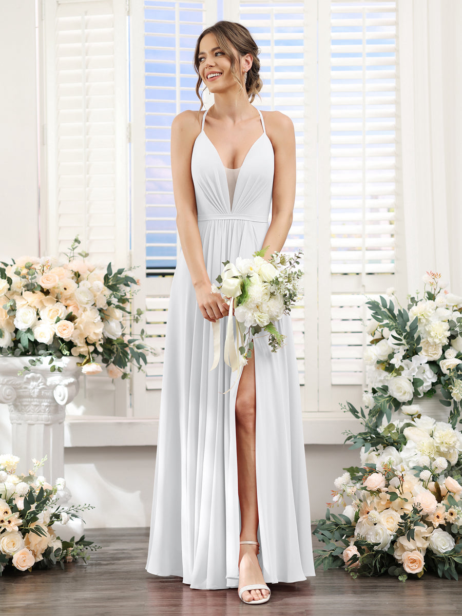 A-Line Spaghetti Straps Sleeveless Backless Split Side Floor-Length Chiffon Bridesmaid Dresses White