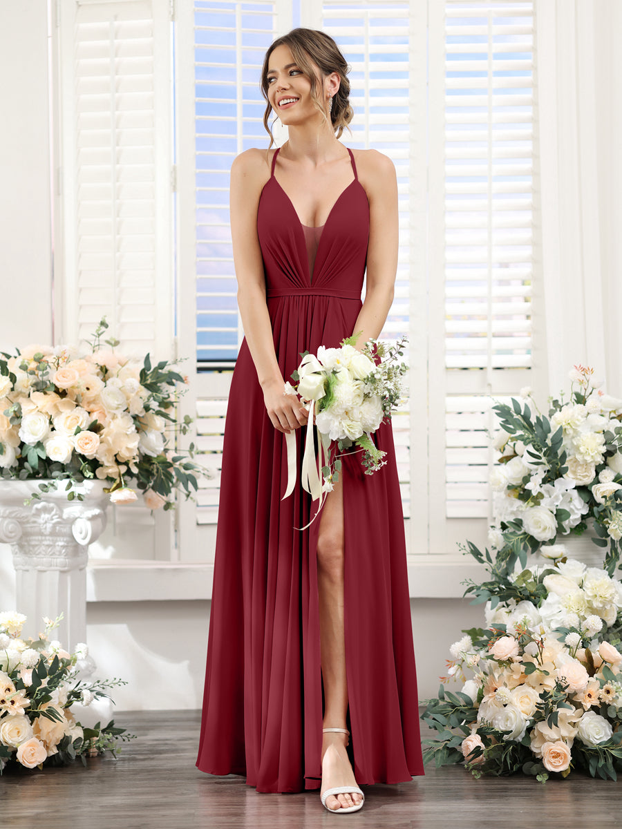 A-Line Spaghetti Straps Sleeveless Backless Split Side Floor-Length Chiffon Bridesmaid Dresses Wine Red