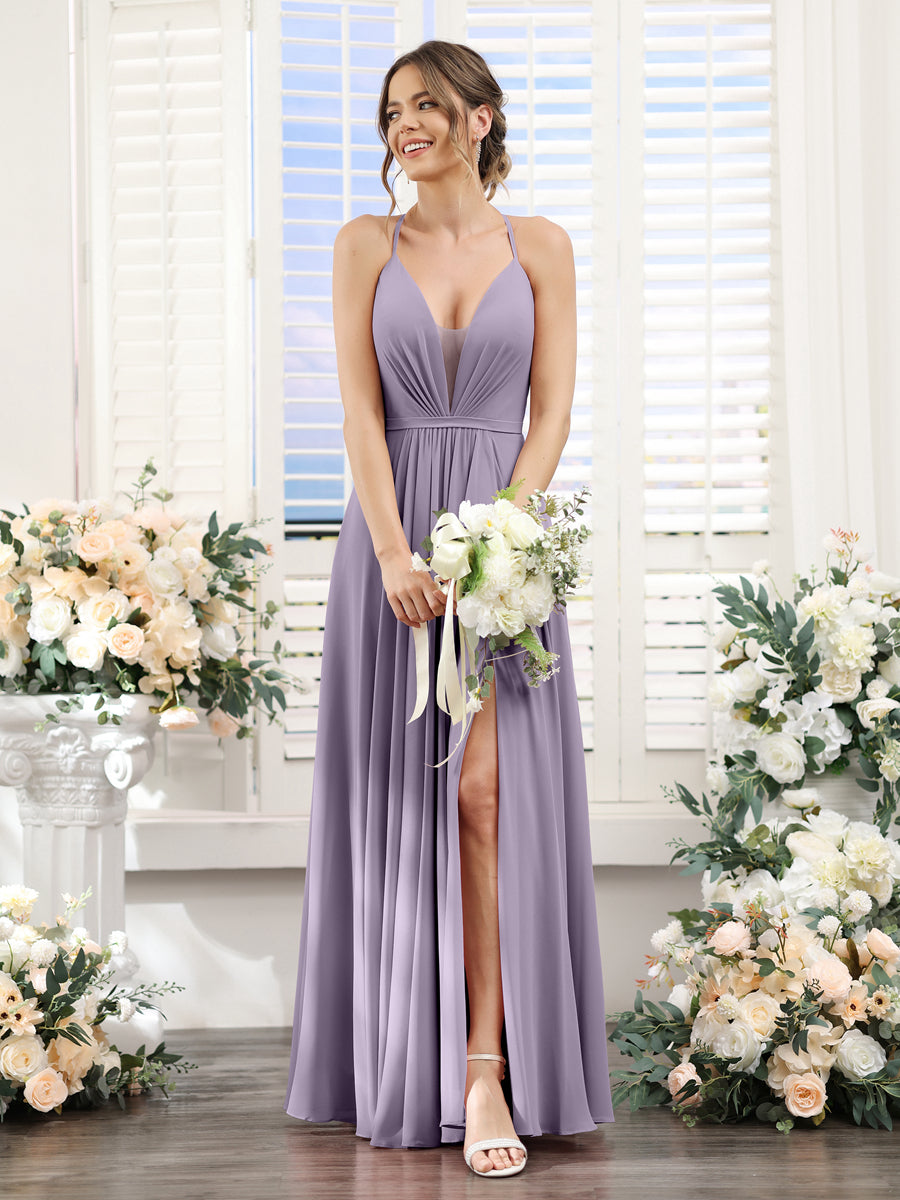 A-Line Spaghetti Straps Sleeveless Backless Split Side Floor-Length Chiffon Bridesmaid Dresses Wisteria