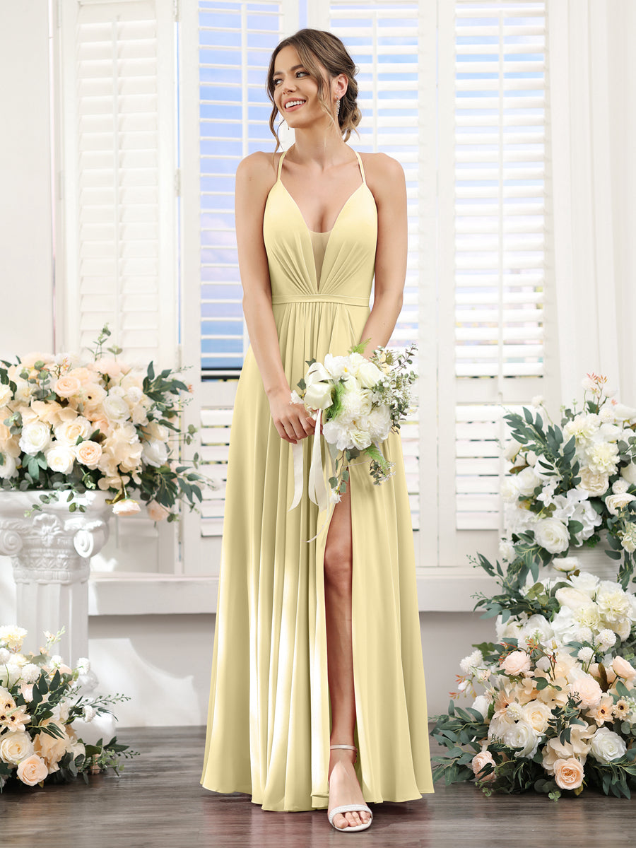 A-Line Spaghetti Straps Sleeveless Backless Split Side Floor-Length Chiffon Bridesmaid Dresses Yellow