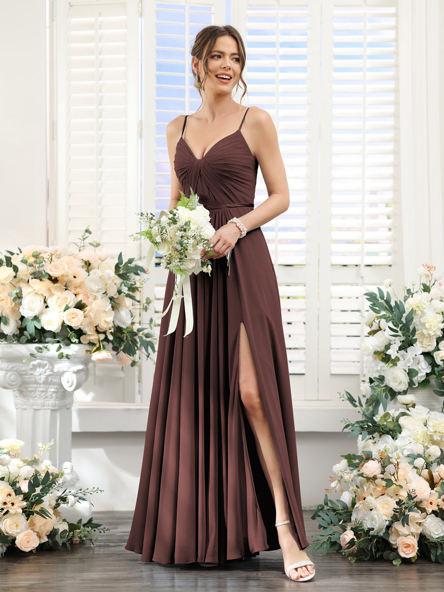 A-Line Ruched V-Neck Spaghetti Straps Split Side Floor-Length Chiffon Bridesmaid Dresses Brown
