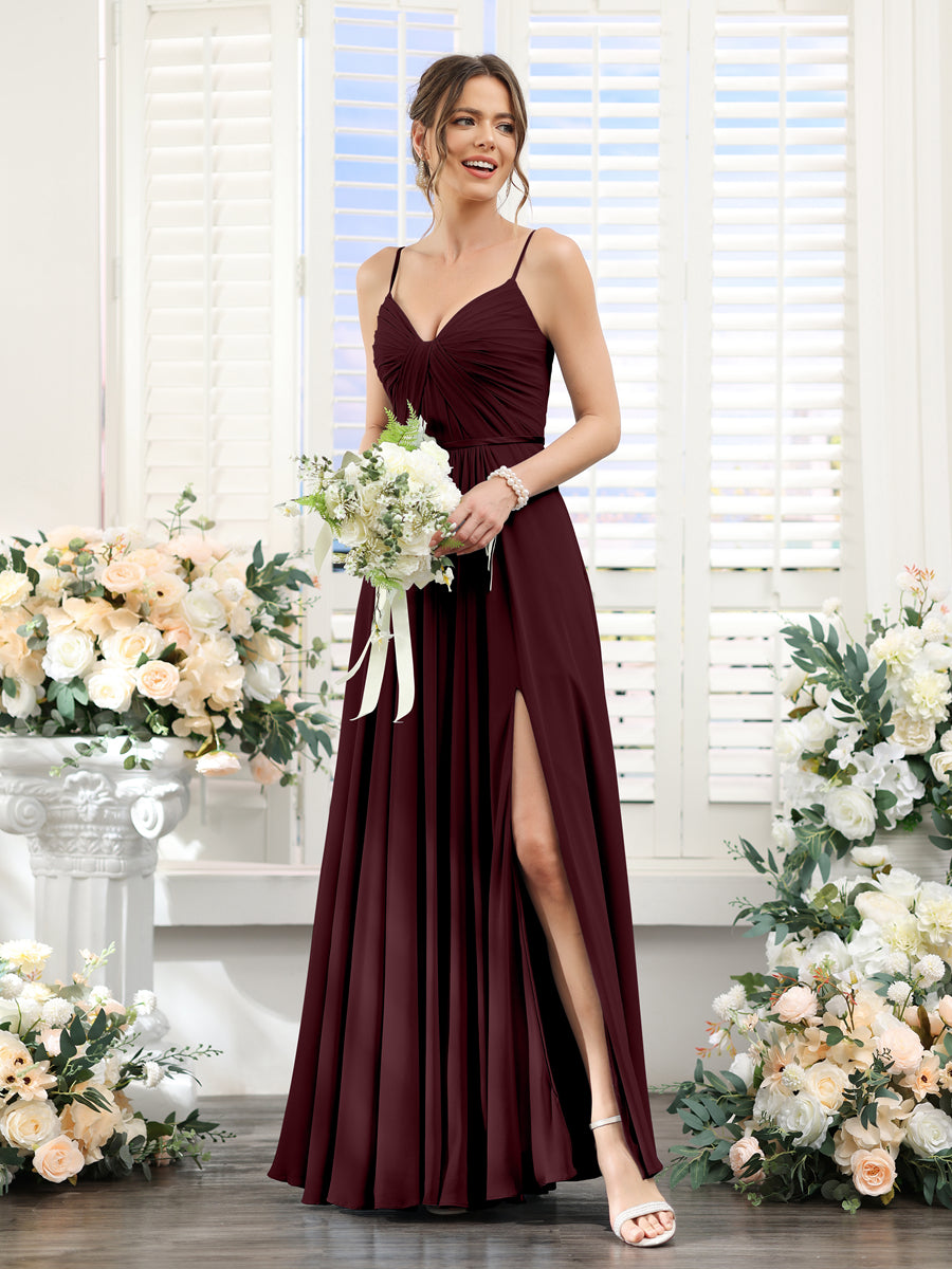 A-Line Ruched V-Neck Spaghetti Straps Split Side Floor-Length Chiffon Bridesmaid Dresses Burgundy
