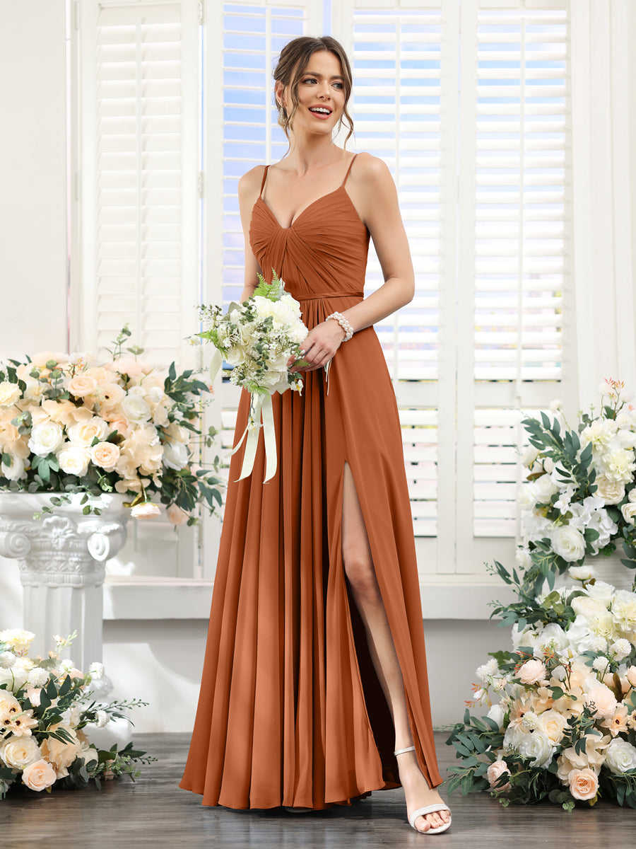 A-Line Ruched V-Neck Spaghetti Straps Split Side Floor-Length Chiffon Bridesmaid Dresses Burnt Orange
