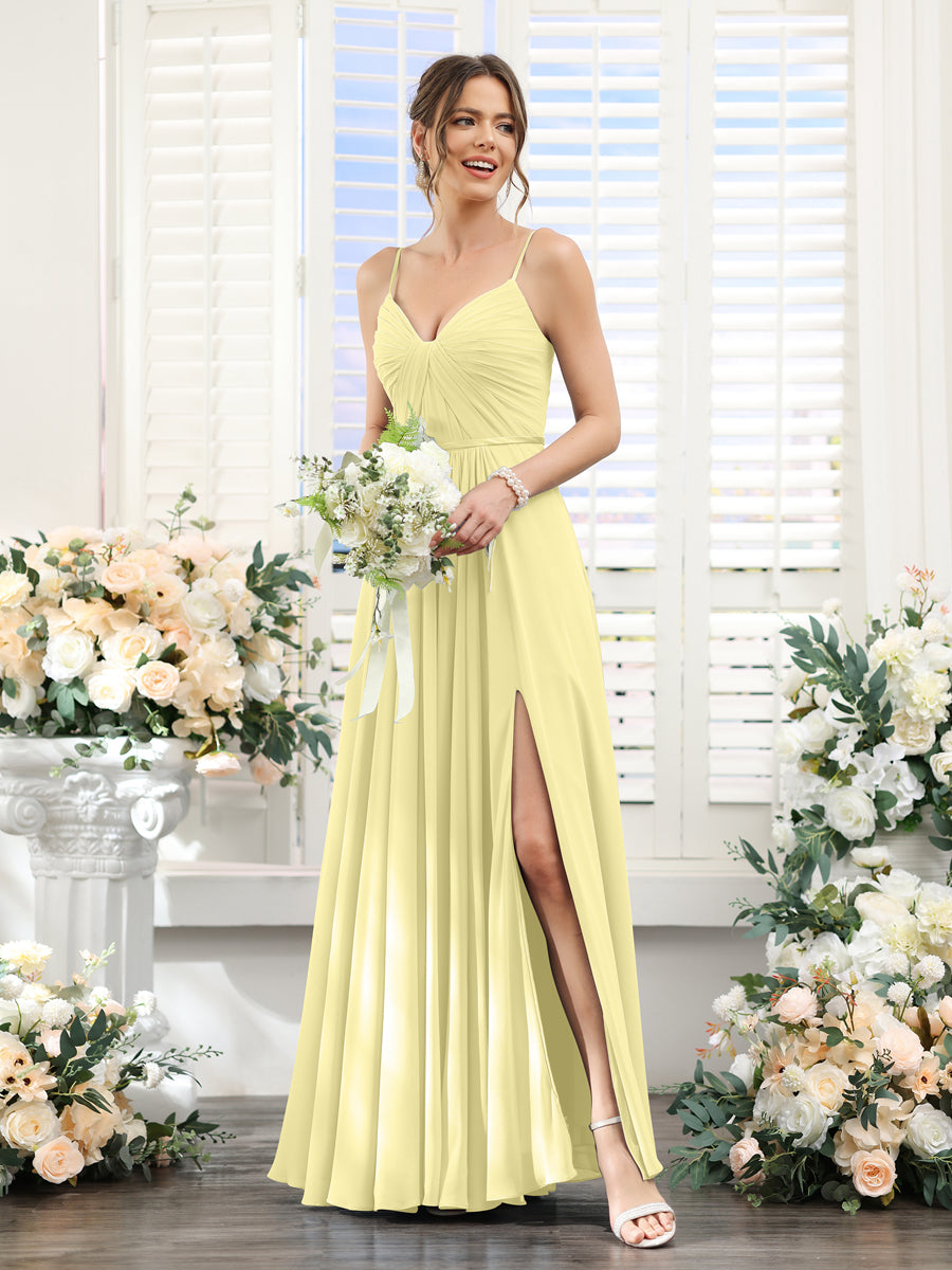 A-Line Ruched V-Neck Spaghetti Straps Split Side Floor-Length Chiffon Bridesmaid Dresses Canary