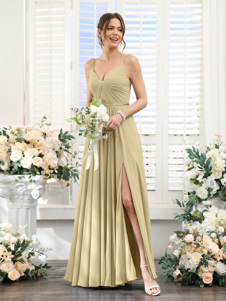 A-Line Ruched V-Neck Spaghetti Straps Split Side Floor-Length Chiffon Bridesmaid Dresses Champagne