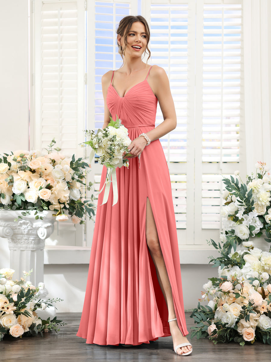 A-Line Ruched V-Neck Spaghetti Straps Split Side Floor-Length Chiffon Bridesmaid Dresses Coral