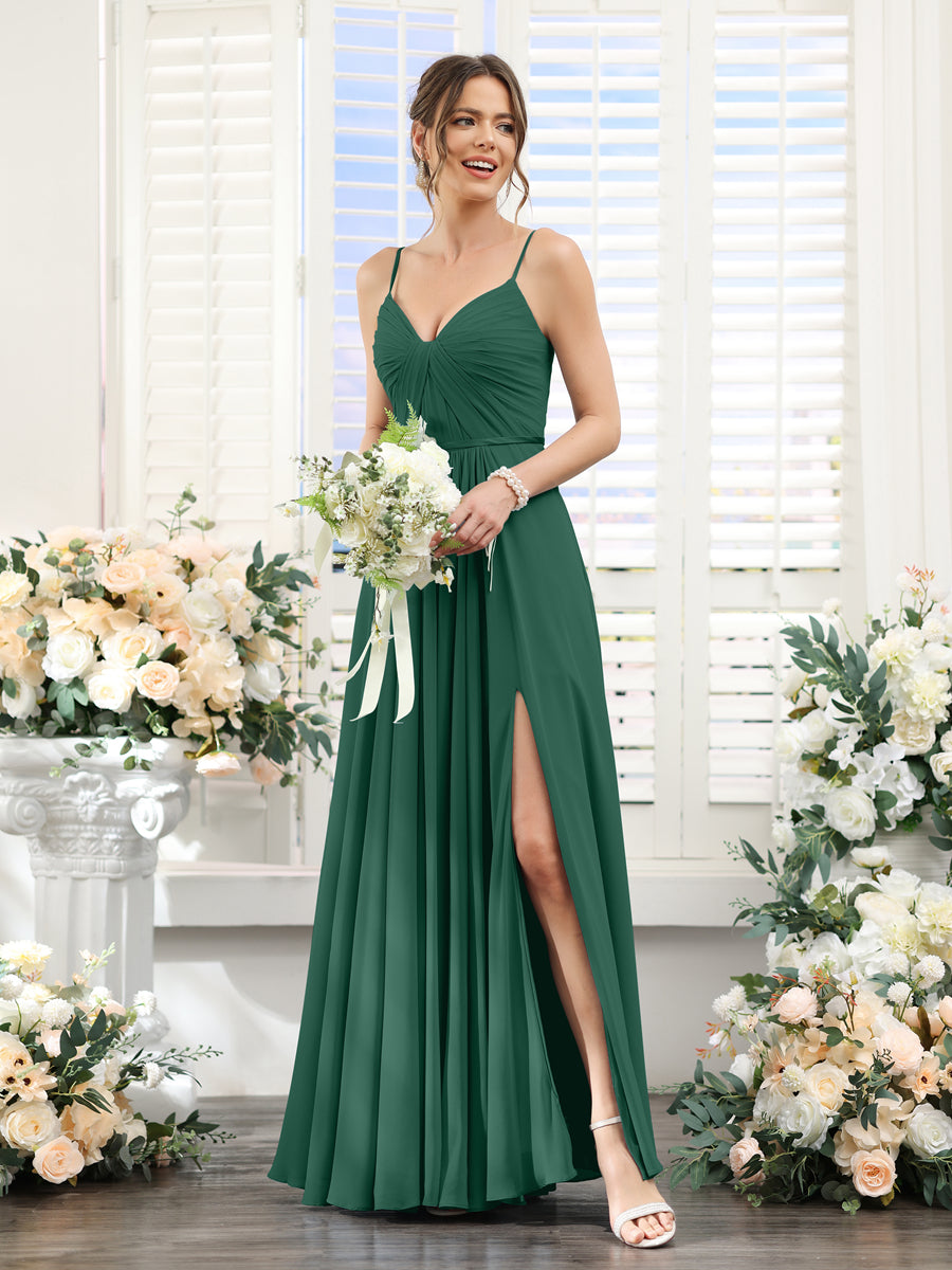 A-Line Ruched V-Neck Spaghetti Straps Split Side Floor-Length Chiffon Bridesmaid Dresses Dark Green