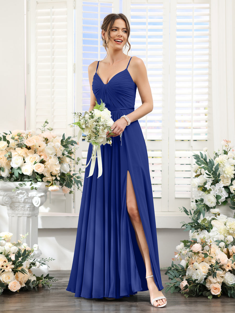 A-Line Ruched V-Neck Spaghetti Straps Split Side Floor-Length Chiffon Bridesmaid Dresses Dark Royal Blue