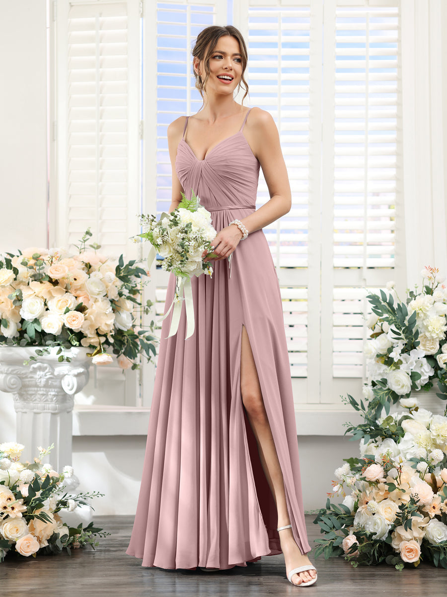 A-Line Ruched V-Neck Spaghetti Straps Split Side Floor-Length Chiffon Bridesmaid Dresses Dusty Pink