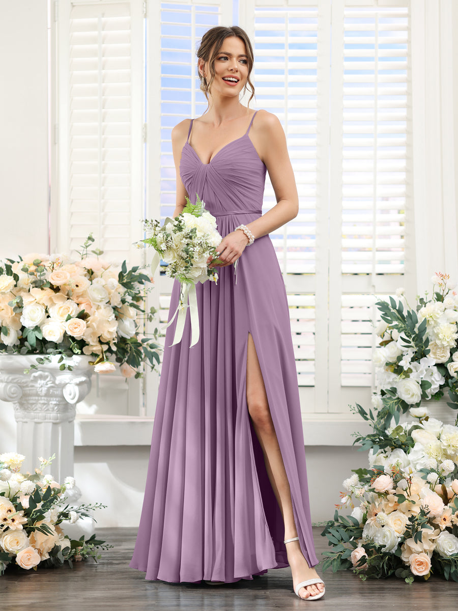 A-Line Ruched V-Neck Spaghetti Straps Split Side Floor-Length Chiffon Bridesmaid Dresses Dusty Purple