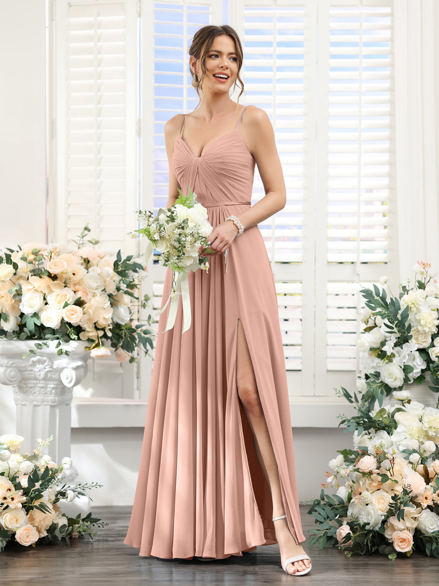 A-Line Ruched V-Neck Spaghetti Straps Split Side Floor-Length Chiffon Bridesmaid Dresses Dusty Rose