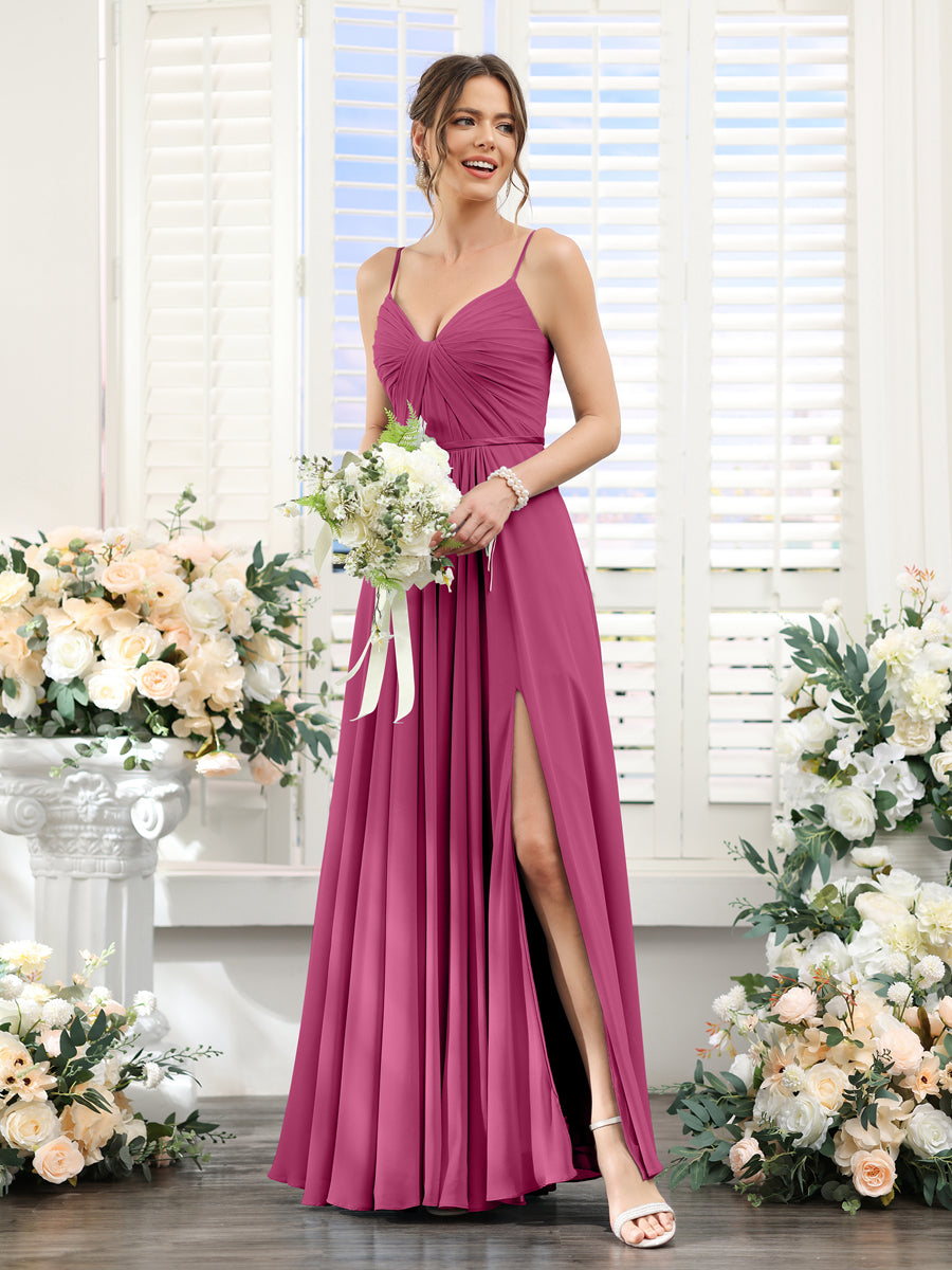 A-Line Ruched V-Neck Spaghetti Straps Split Side Floor-Length Chiffon Bridesmaid Dresses Fuchsia