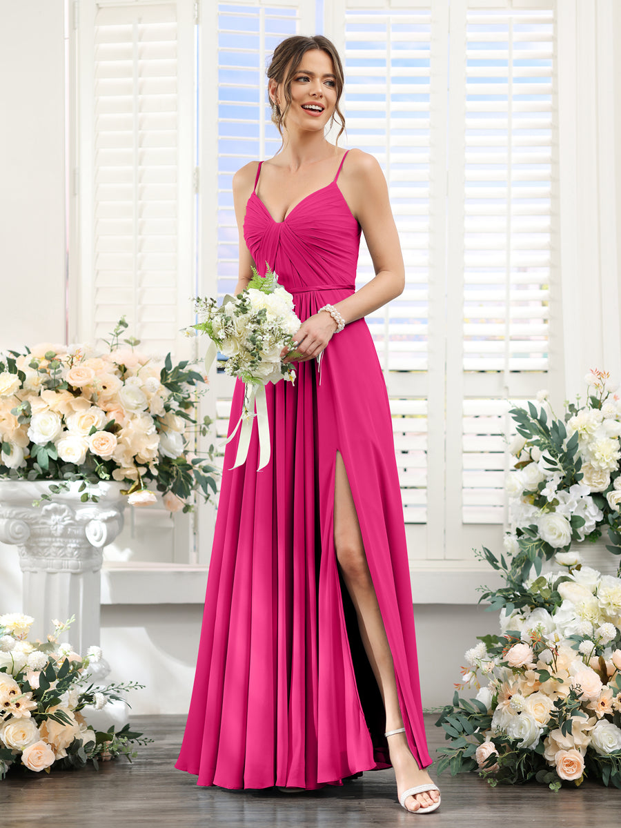 A-Line Ruched V-Neck Spaghetti Straps Split Side Floor-Length Chiffon Bridesmaid Dresses Fuchsia Pink