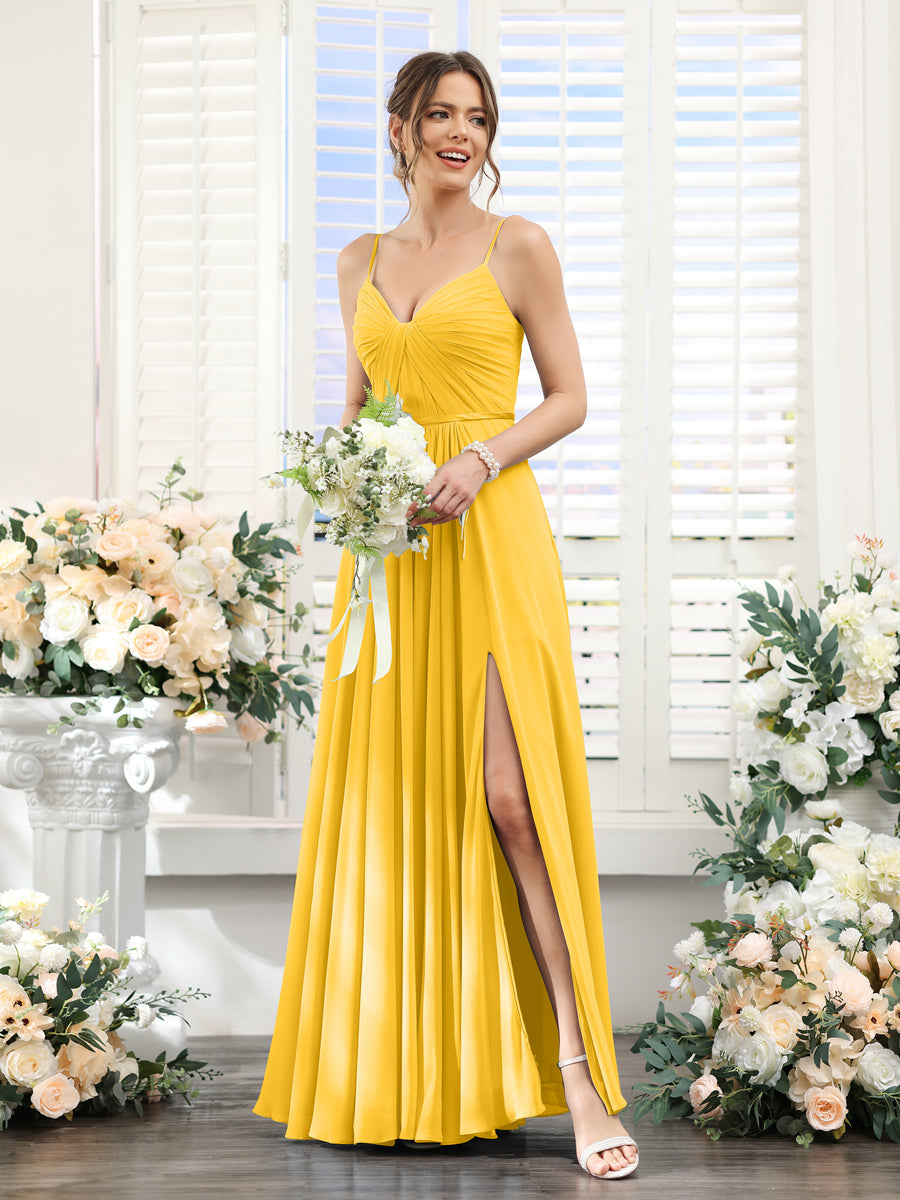 A-Line Ruched V-Neck Spaghetti Straps Split Side Floor-Length Chiffon Bridesmaid Dresses Gold