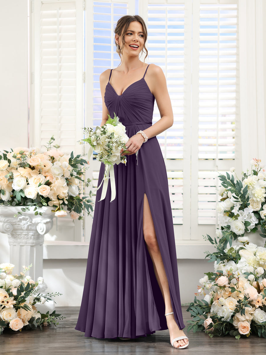 A-Line Ruched V-Neck Spaghetti Straps Split Side Floor-Length Chiffon Bridesmaid Dresses Grape