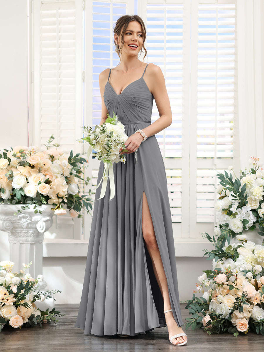 A-Line Ruched V-Neck Spaghetti Straps Split Side Floor-Length Chiffon Bridesmaid Dresses Gray