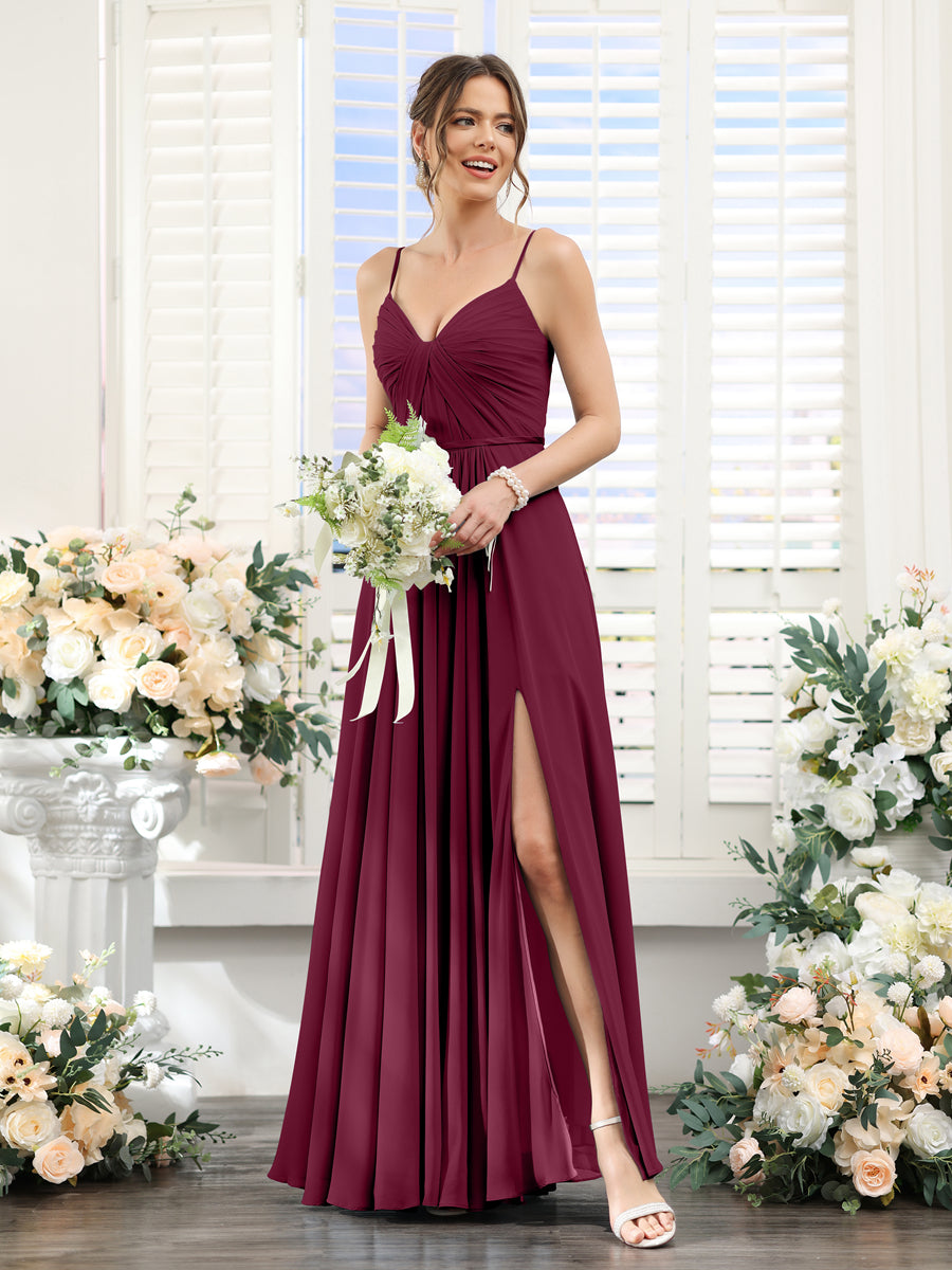 A-Line Ruched V-Neck Spaghetti Straps Split Side Floor-Length Chiffon Bridesmaid Dresses Light Burgundy