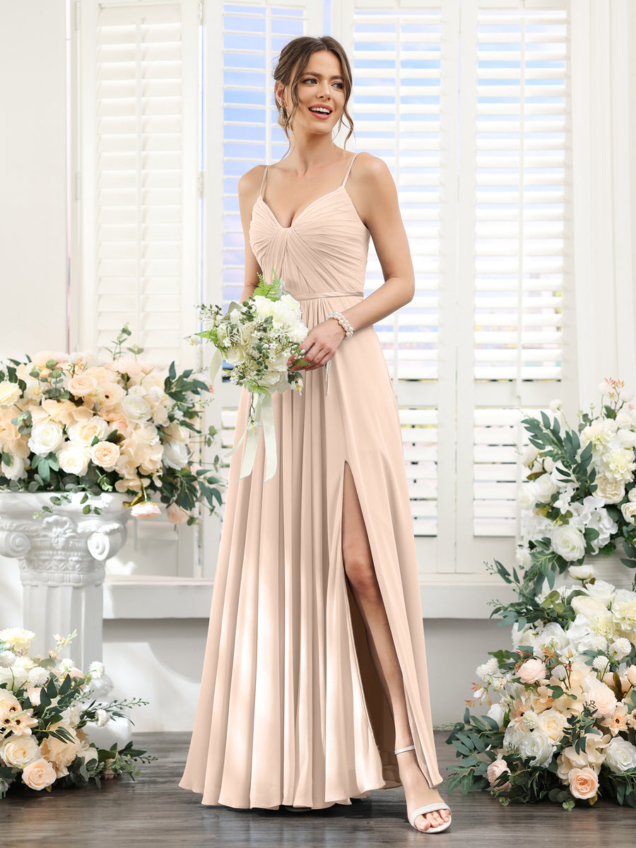 A-Line Ruched V-Neck Spaghetti Straps Split Side Floor-Length Chiffon Bridesmaid Dresses Light Champagne