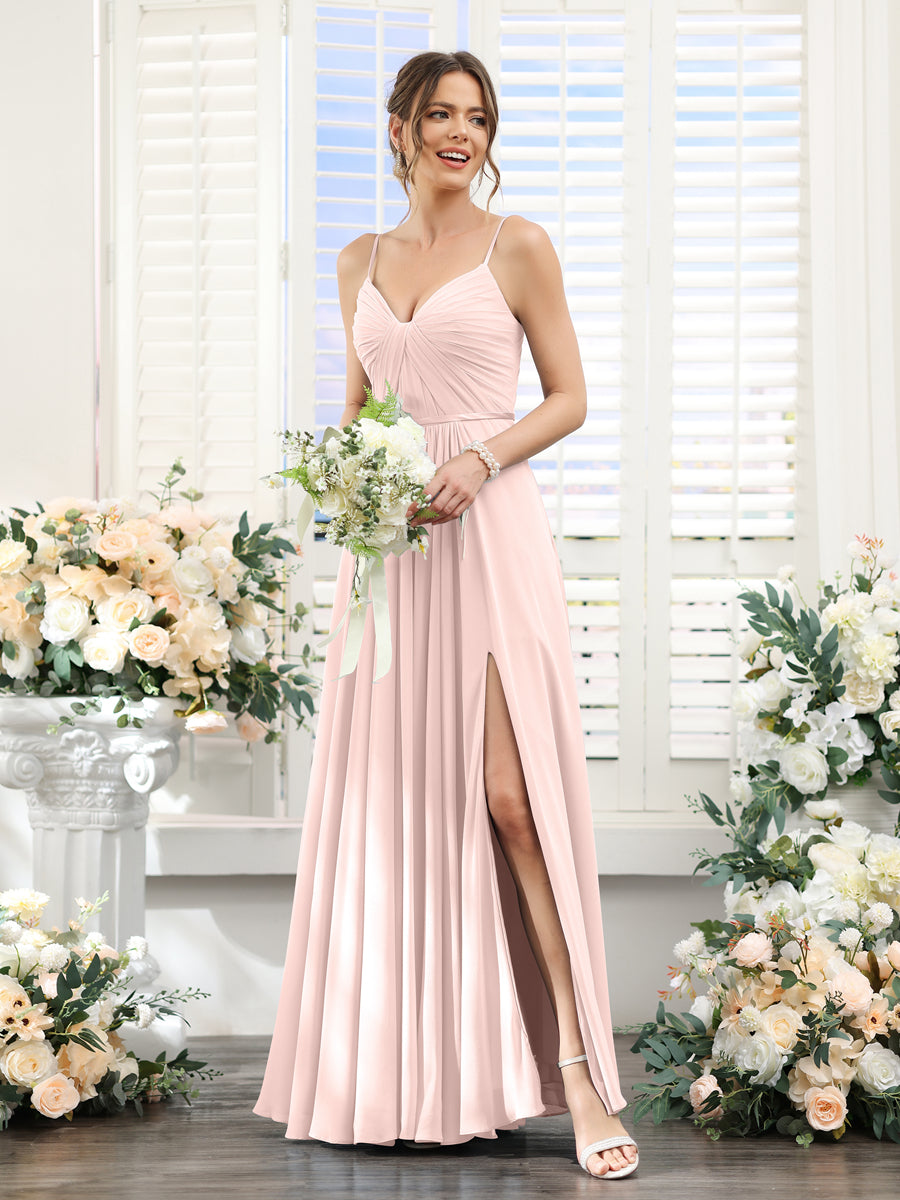 A-Line Ruched V-Neck Spaghetti Straps Split Side Floor-Length Chiffon Bridesmaid Dresses Light Pink