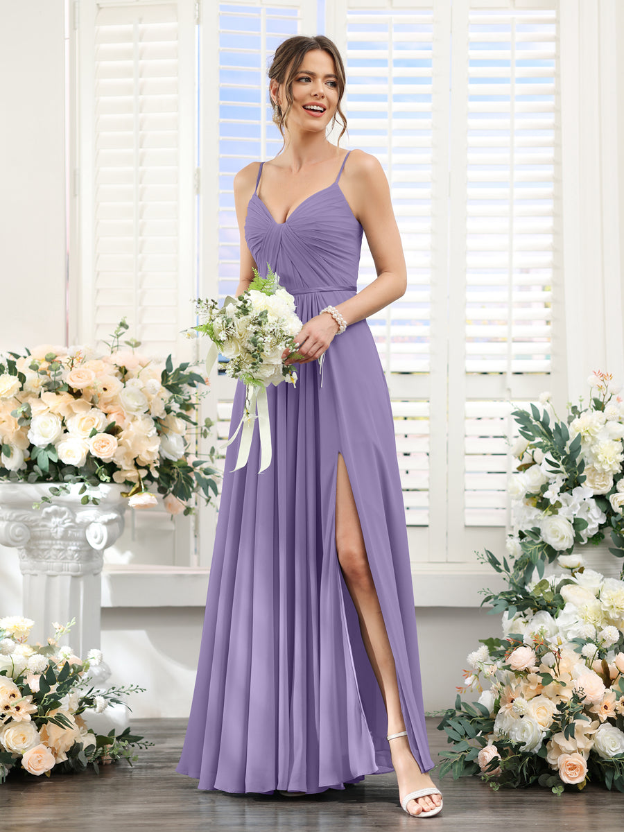 A-Line Ruched V-Neck Spaghetti Straps Split Side Floor-Length Chiffon Bridesmaid Dresses Light Purple