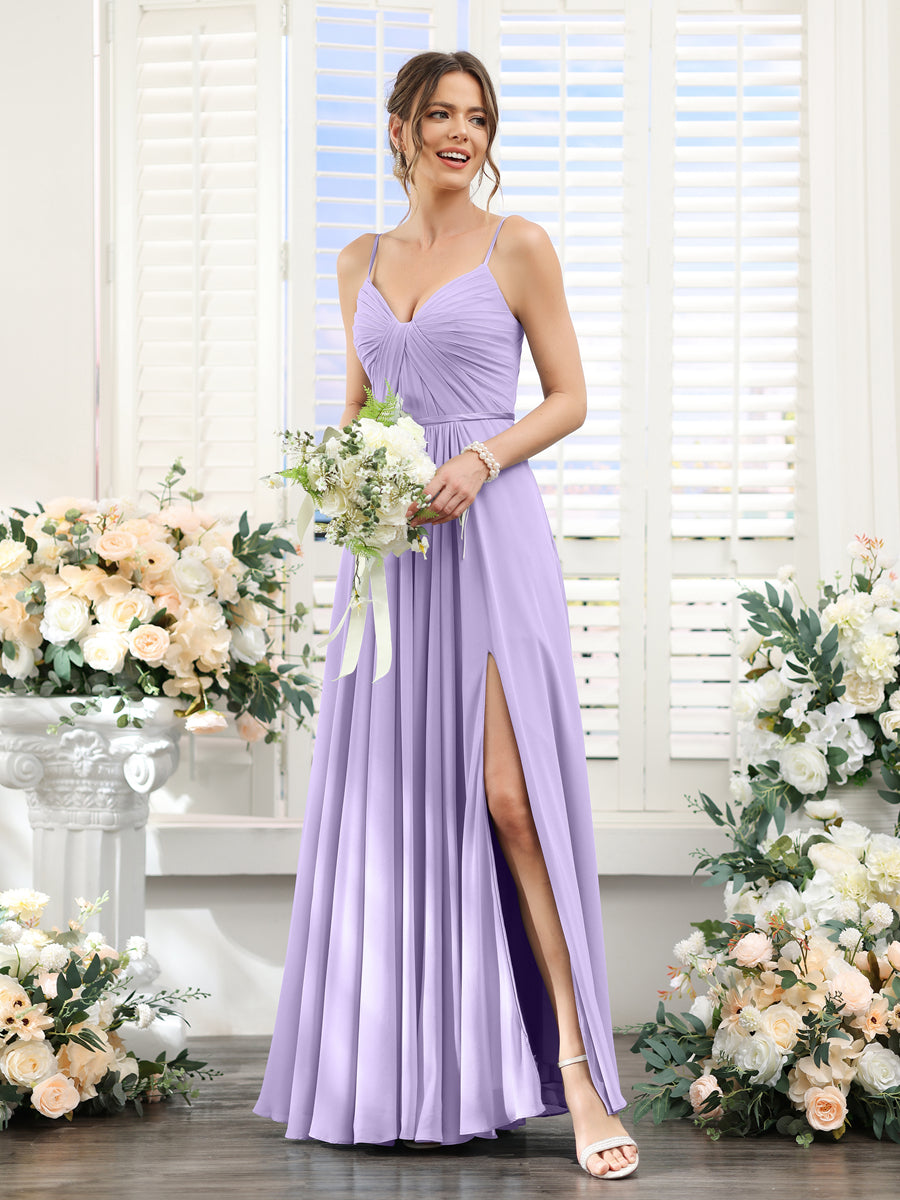 A-Line Ruched V-Neck Spaghetti Straps Split Side Floor-Length Chiffon Bridesmaid Dresses Lilac